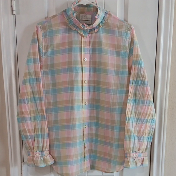 J. Crew Tops - J.Crew Classic-Fit Cotton-Silk Voile Ruffleneck Shirt in Pastel Plaid. 
